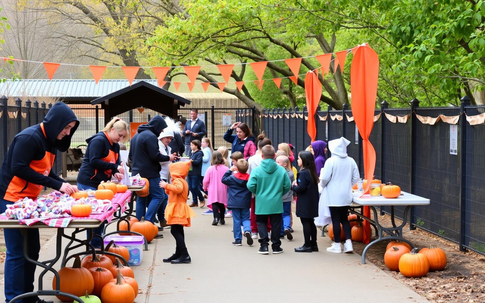 Illustration of volunteers handing candy to costumed children at a decorated treat station along a park pathway