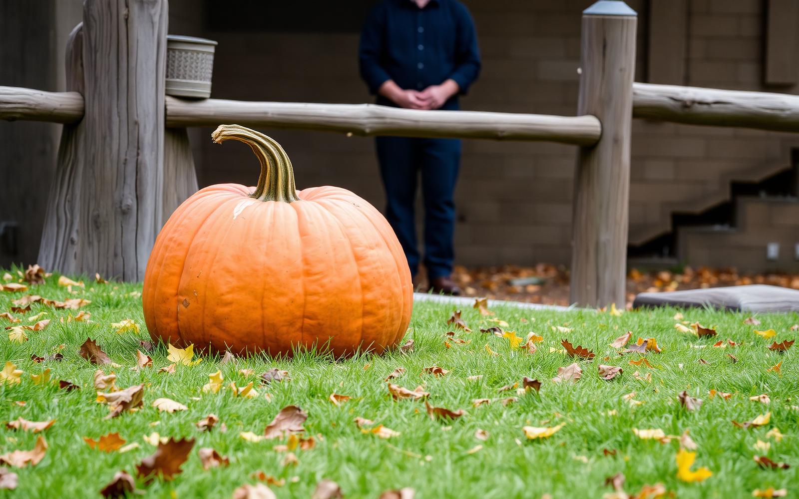 Illustration of a large pumpkin sitting in a grassy animal habitat with fallen autumn leaves